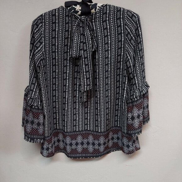 Gibson Top Womens Multicolor Geometric Print Blouse Small 3/4 Ruffle Sleeve - Picture 2 of 7